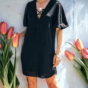 Chrysanthemum Black Lakeshore Linen Puff Sleeve Dress, Size Small